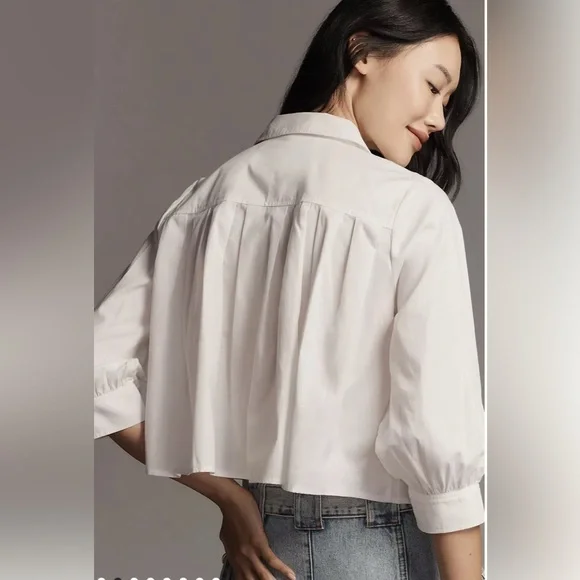 Maeve Smocked Babydoll Top Medium White Poplin Puff Sleeve Feminine Chic - Picture 3 of 10